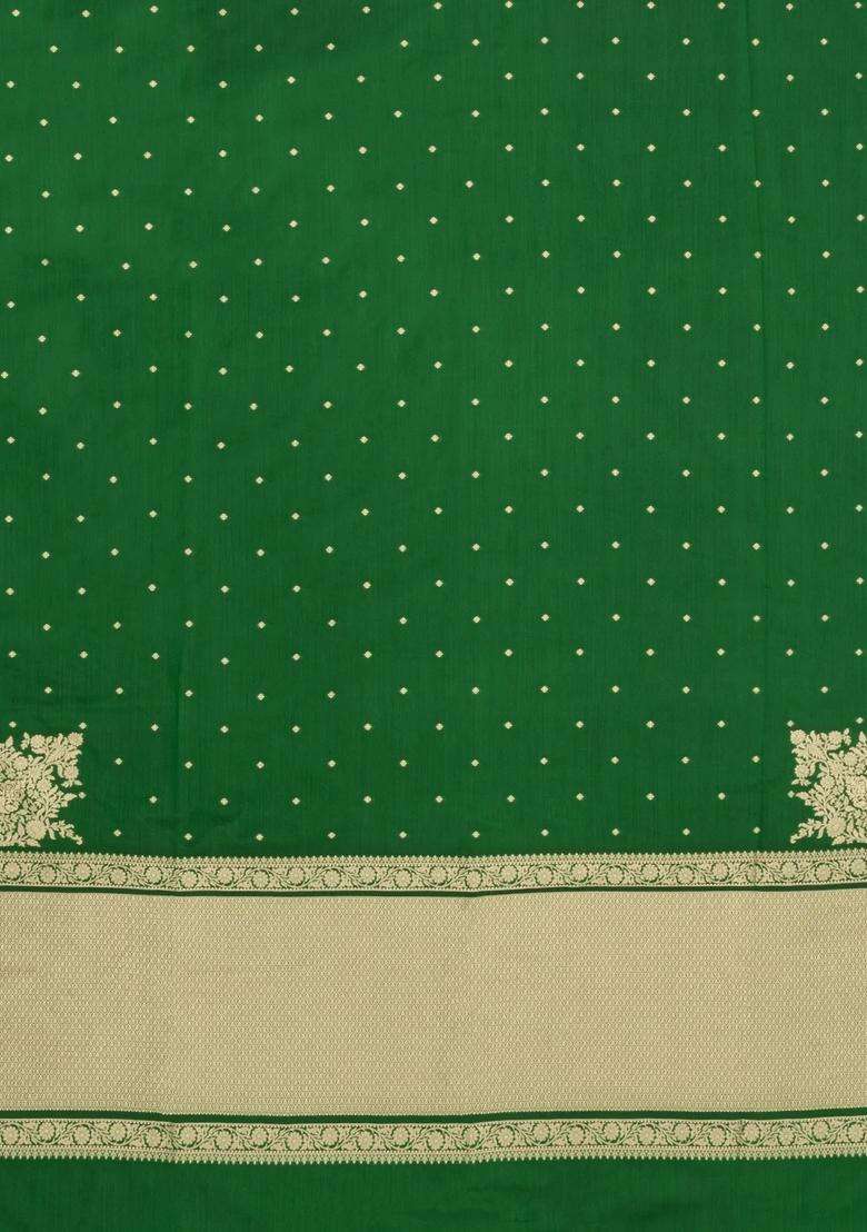 Green Woven Blended Satin Art Silk Saree With Floral Zari Buttas With Buttas And Brocade Design For Women - Indya