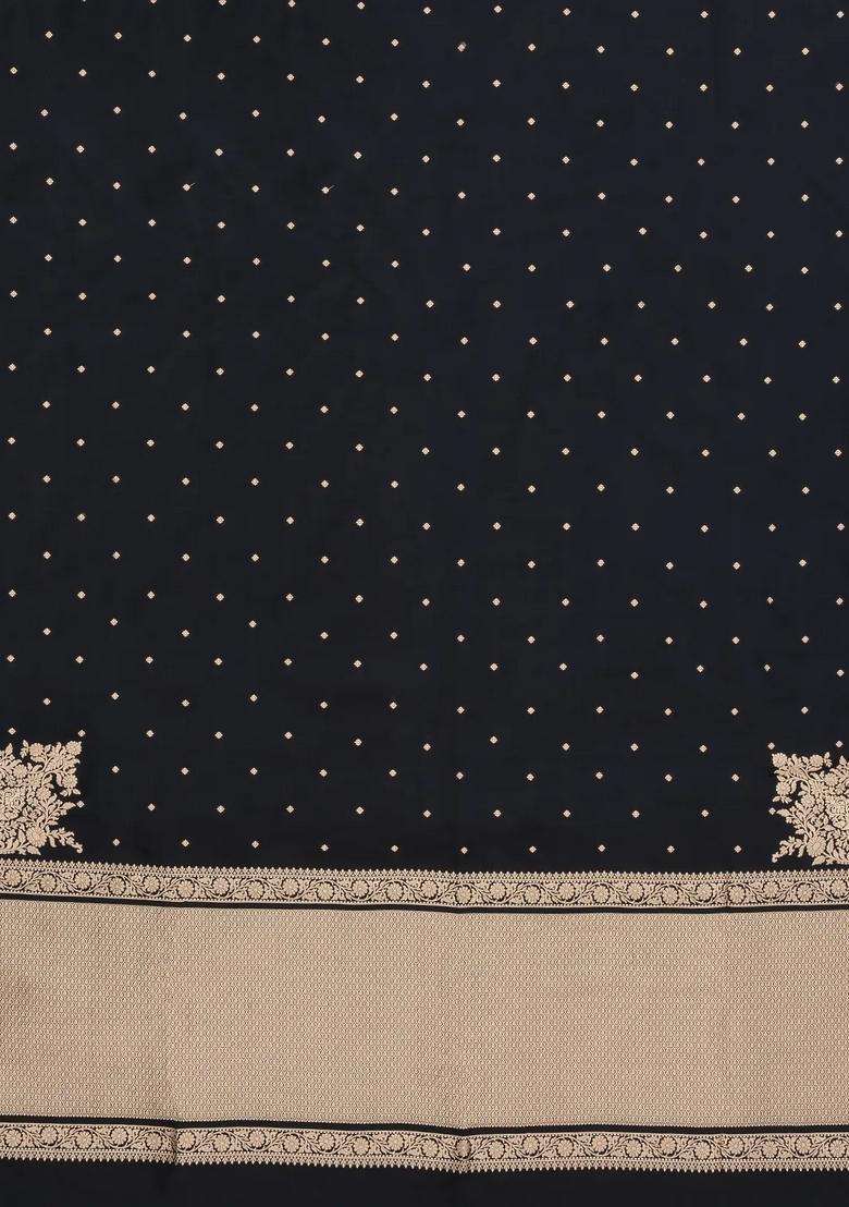 Black Woven Blended Satin Art Silk Saree With Floral Zari Buttas With Buttas And Brocade Design For Women - Indya