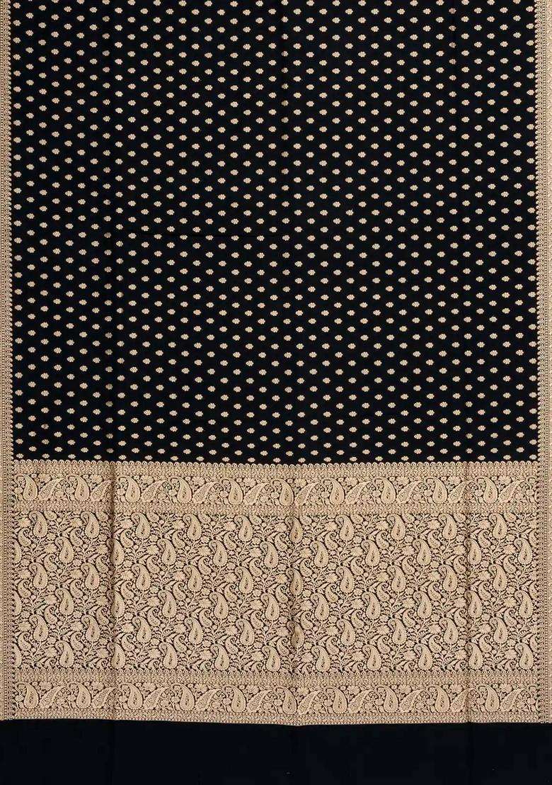 Black Woven Blended Satin Art Silk Saree With Floral Zari Motifs With Buttas And Brocade Design For Women - Indya