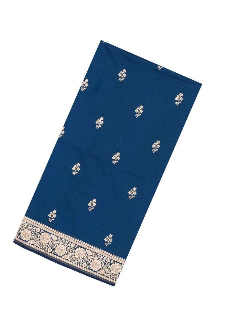 Indigo Woven Blended Satin Art Silk Saree With Floral Zari Buttas With Buttas And Brocade Design For Women - Indya