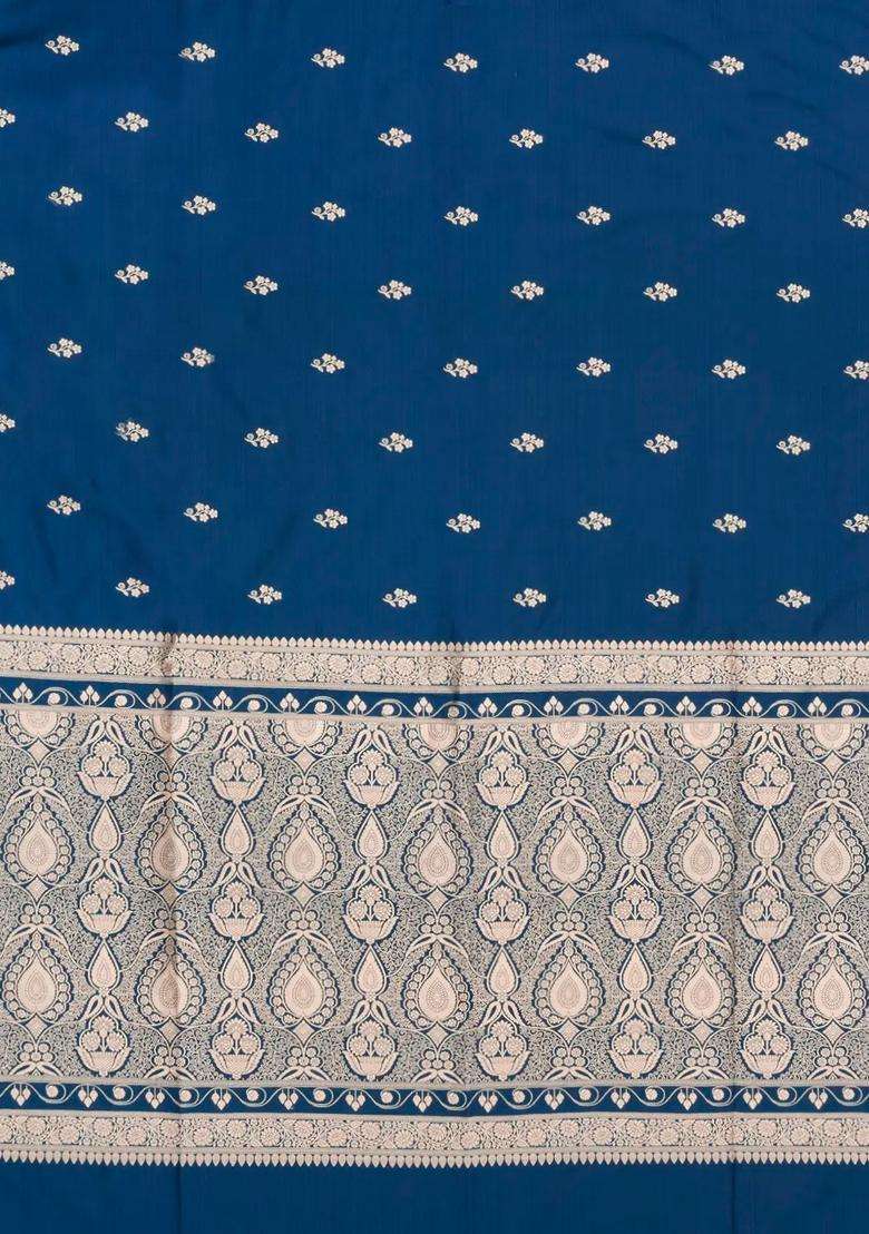 Indigo Woven Blended Satin Art Silk Saree With Floral Zari Buttas With Buttas And Brocade Design For Women - Indya