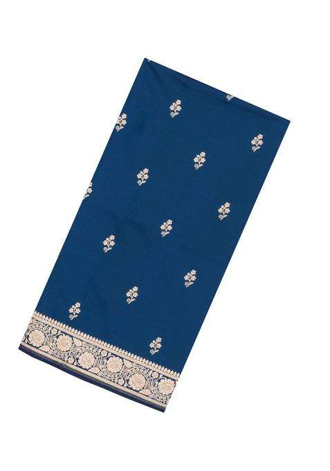 Indigo Woven Blended Satin Art Silk Saree With Floral Zari Buttas With Buttas And Brocade Design For Women