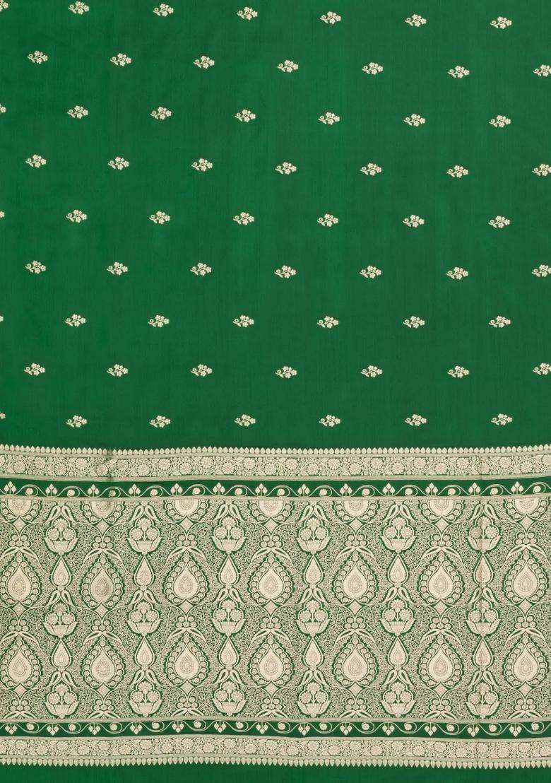 Green Woven Blended Satin Art Silk Saree With Floral Zari Buttas With Buttas And Brocade Design For Women - Indya
