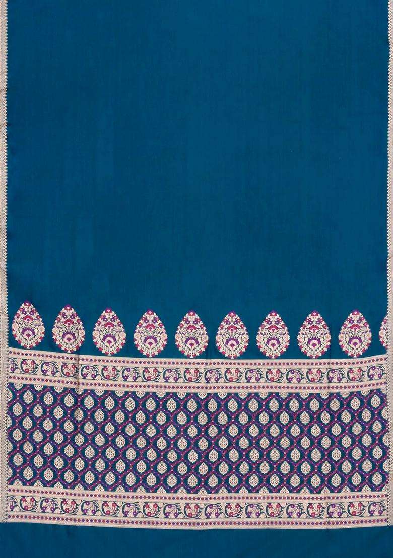 Navy Blue Woven Blended Satin Art Silk Saree With Floral Zari Border With Traditional Woven Design For Women - Indya