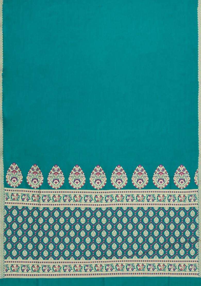 Cyan Woven Blended Satin Art Silk Saree With Floral Zari Border With Traditional Woven Design For Women - Indya