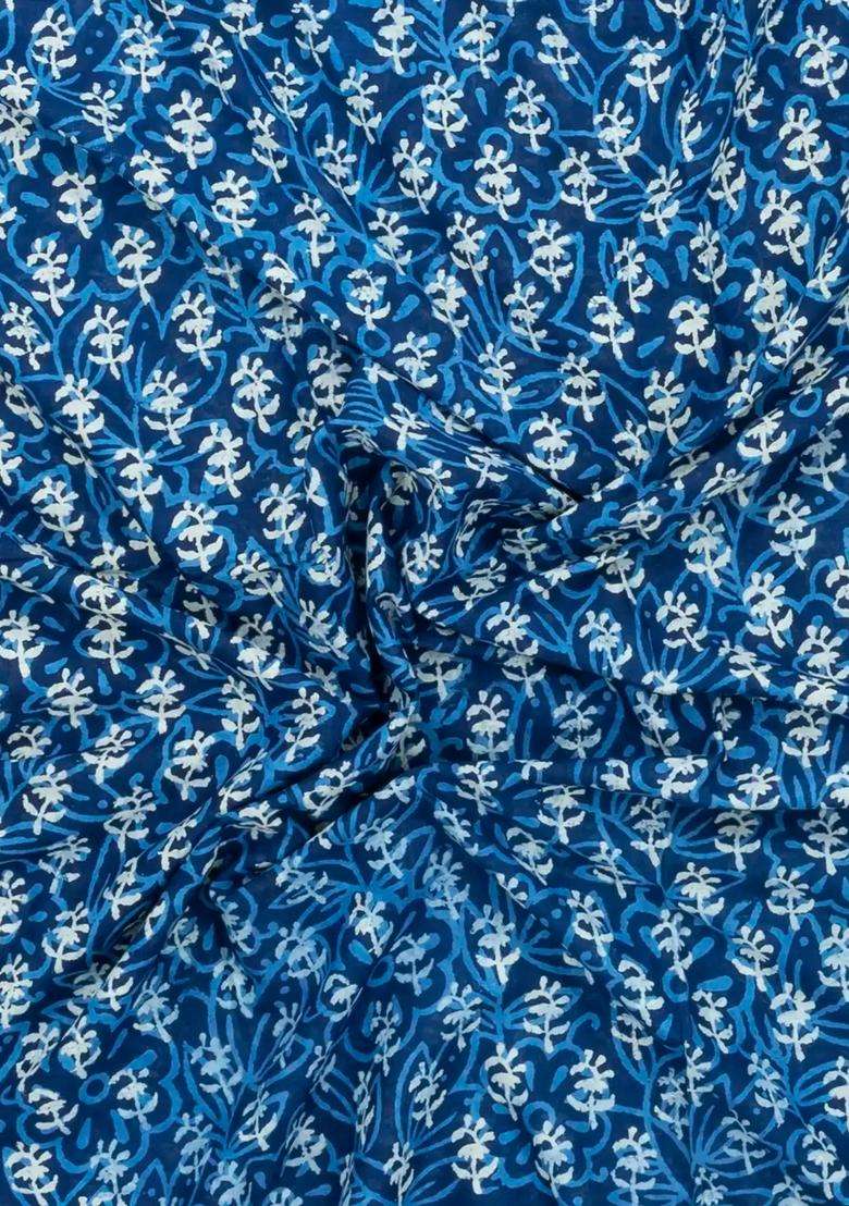 Indigo Printed Jaipur Cotton Saree With Printed Floral Motifs For Women - Indya