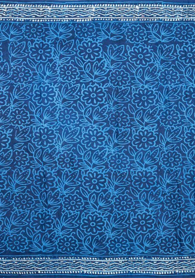 Indigo Printed Jaipur Cotton Saree With Printed Floral Motifs For Women - Indya