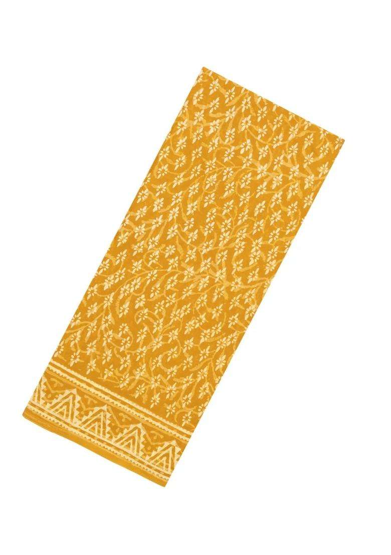 Mustard Printed Jaipur Cotton Saree With Printed Floral Motifs For Women - Indya
