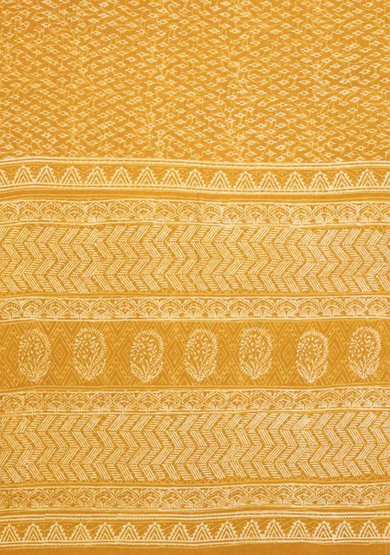 Mustard Printed Jaipur Cotton Saree With Printed Floral Motifs For Women - Indya