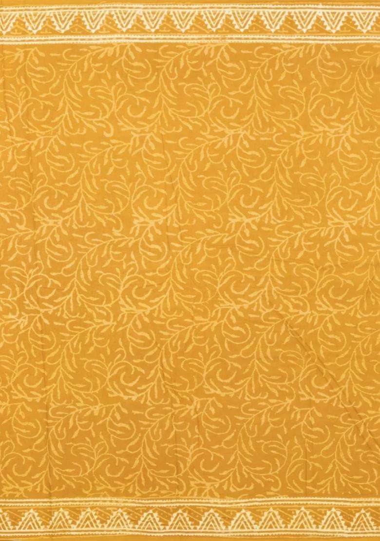 Mustard Printed Jaipur Cotton Saree With Printed Floral Motifs For Women - Indya