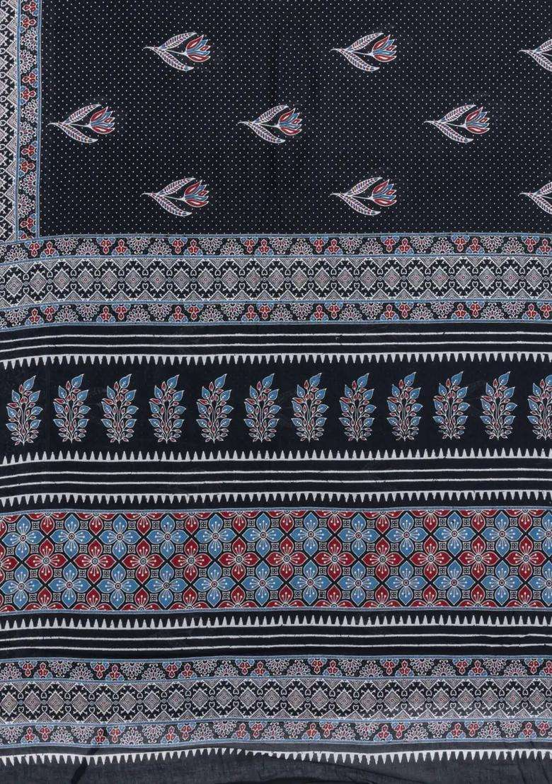 Black Printed Jaipur Cotton Saree With Printed Floral Motifs For Women - Indya