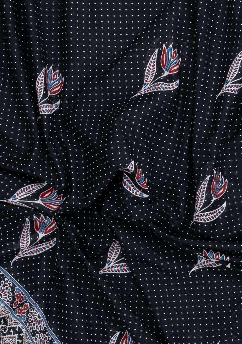 Black Printed Jaipur Cotton Saree With Printed Floral Motifs For Women - Indya