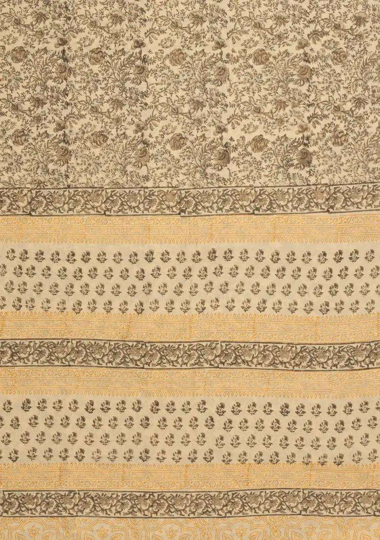 Cream Printed Jaipur Cotton Saree With Printed Floral Motifs For Women - Indya