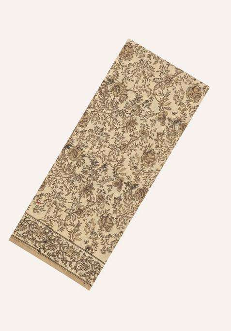 Cream Printed Jaipur Cotton Saree With Printed Floral Motifs For Women