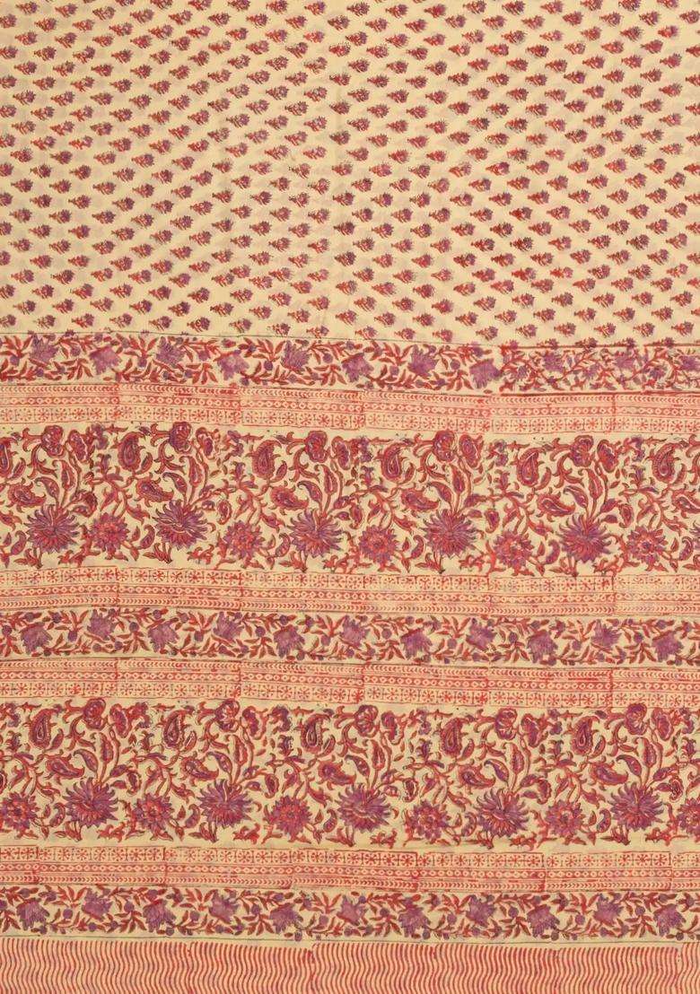 Cream Printed Jaipur Cotton Saree With Printed Floral Motifs For Women - Indya