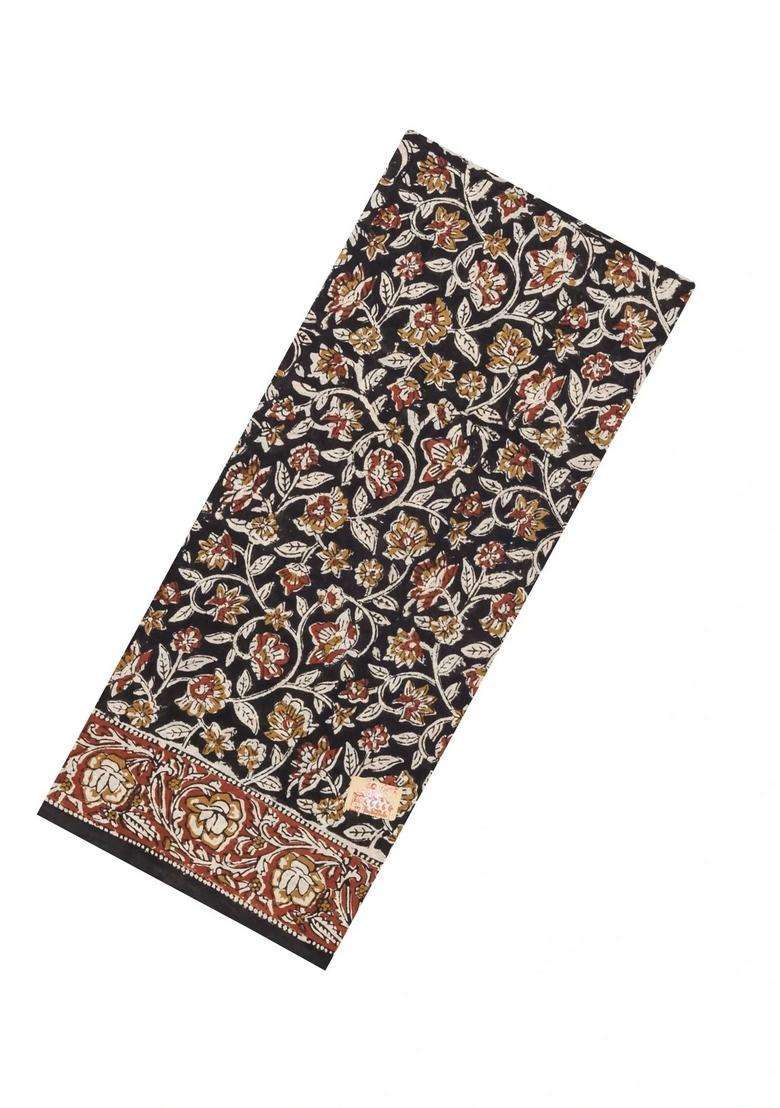 Black Printed Jaipur Cotton Saree With Printed Floral Motifs For Women - Indya