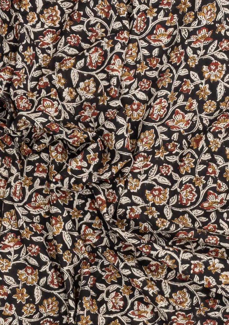 Black Printed Jaipur Cotton Saree With Printed Floral Motifs For Women - Indya