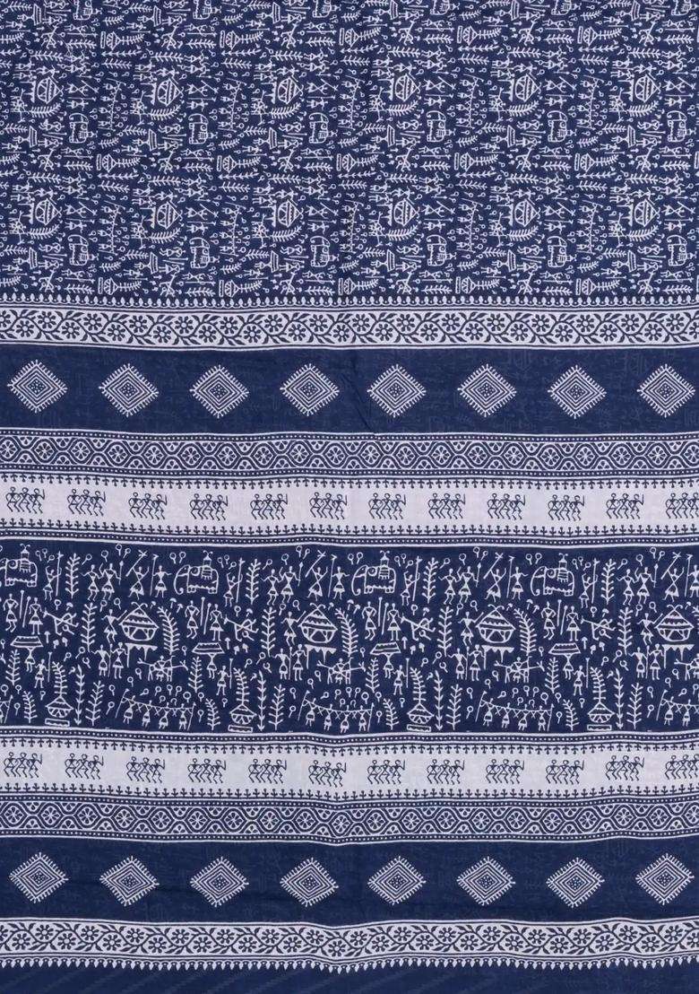 Indigo Printed Jaipur Cotton Saree With Printed Tribal Motifs For Women - Indya