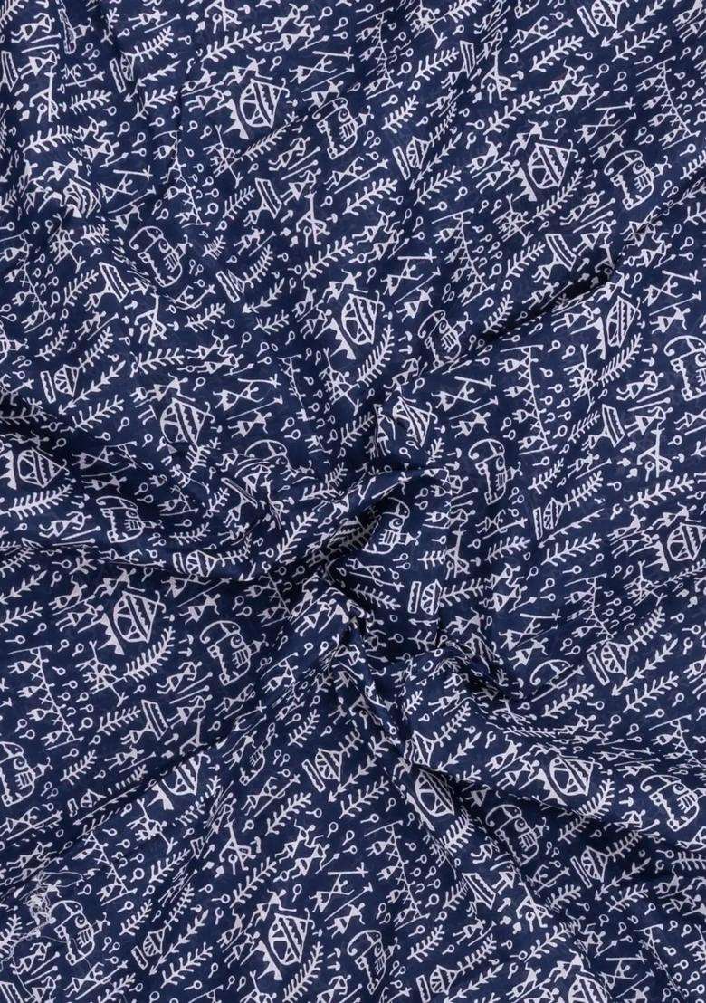 Indigo Printed Jaipur Cotton Saree With Printed Tribal Motifs For Women - Indya