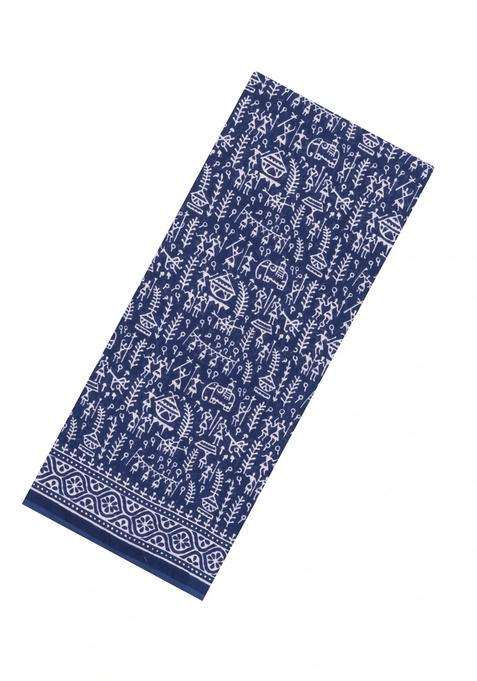 Indigo Printed Jaipur Cotton Saree With Printed Tribal Motifs For Women
