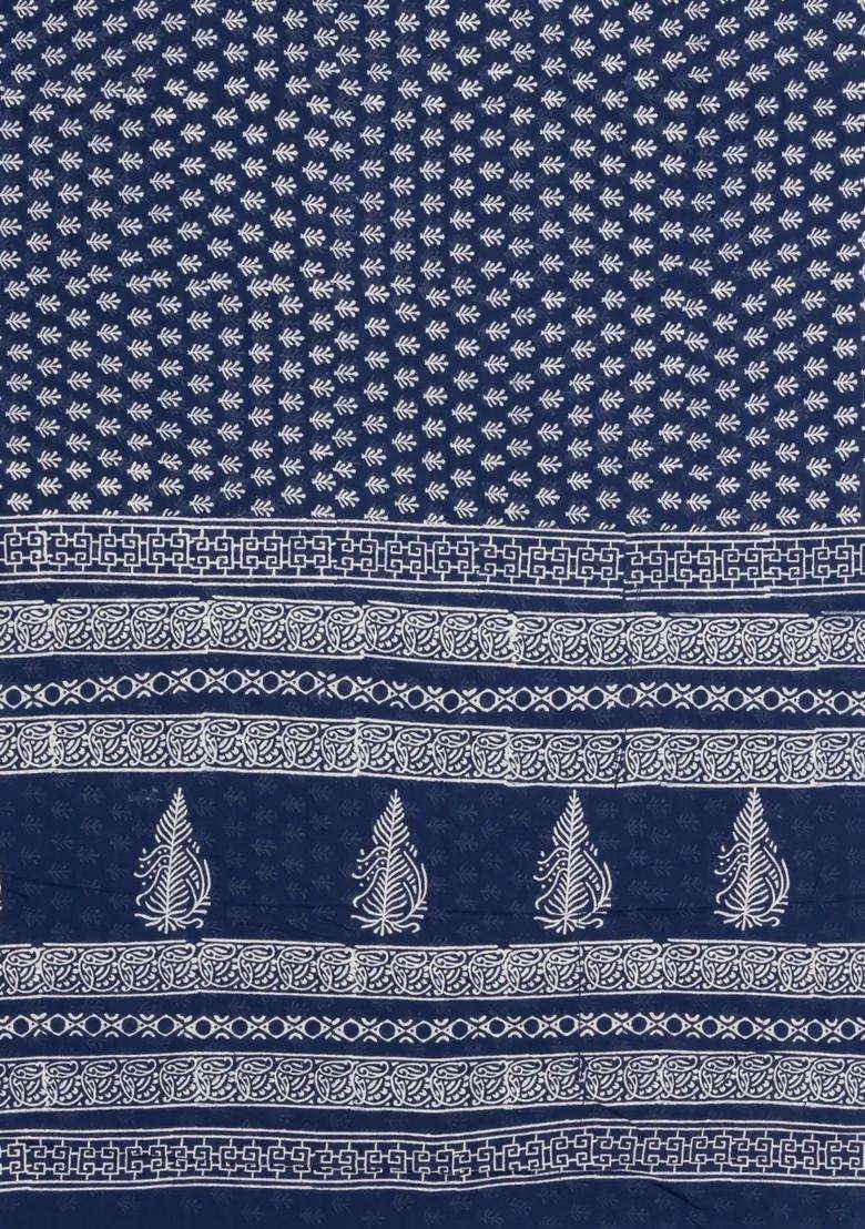 Indigo Printed Jaipur Cotton Saree With Printed Tribal Motifs For Women - Indya