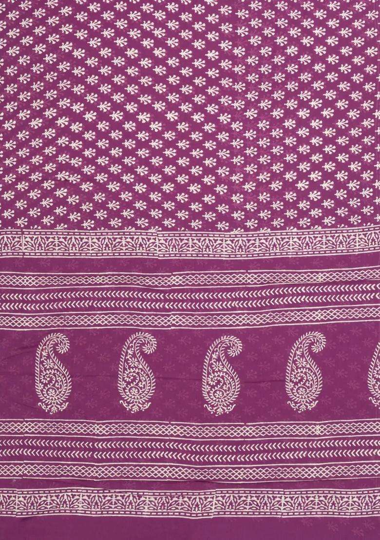 Lilac Printed Jaipur Cotton Saree With Printed Floral Motifs For Women - Indya