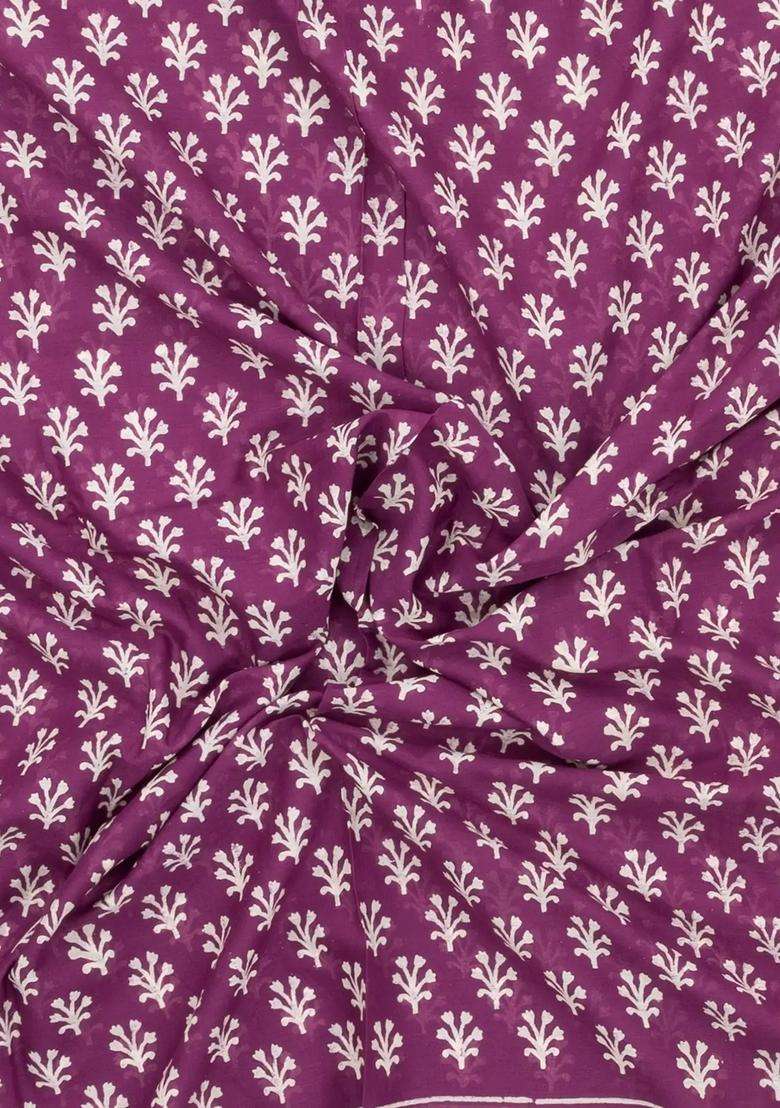 Lilac Printed Jaipur Cotton Saree With Printed Floral Motifs For Women - Indya
