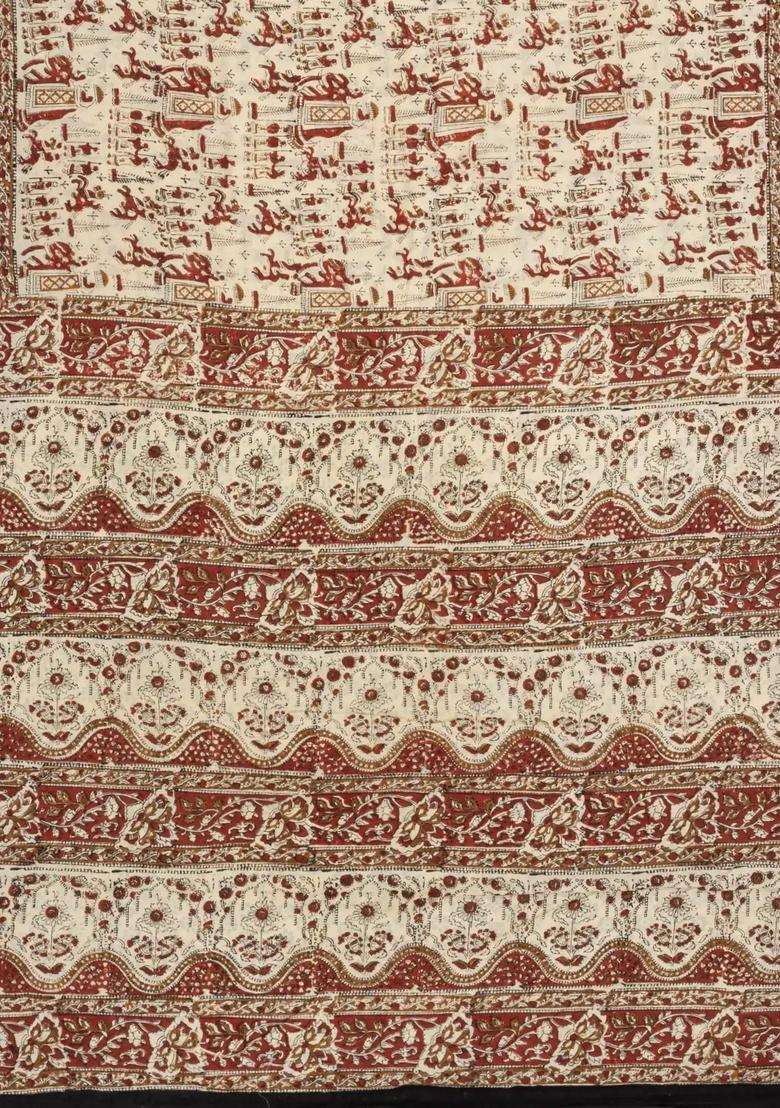 Cream Printed Jaipur Cotton Saree With Printed Tribal Motifs For Women - Indya