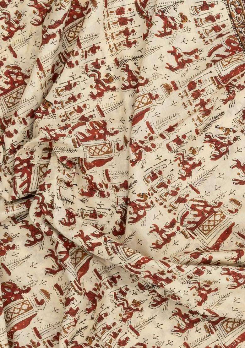 Cream Printed Jaipur Cotton Saree With Printed Tribal Motifs For Women - Indya