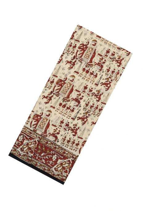 Cream Printed Jaipur Cotton Saree With Printed Tribal Motifs For Women