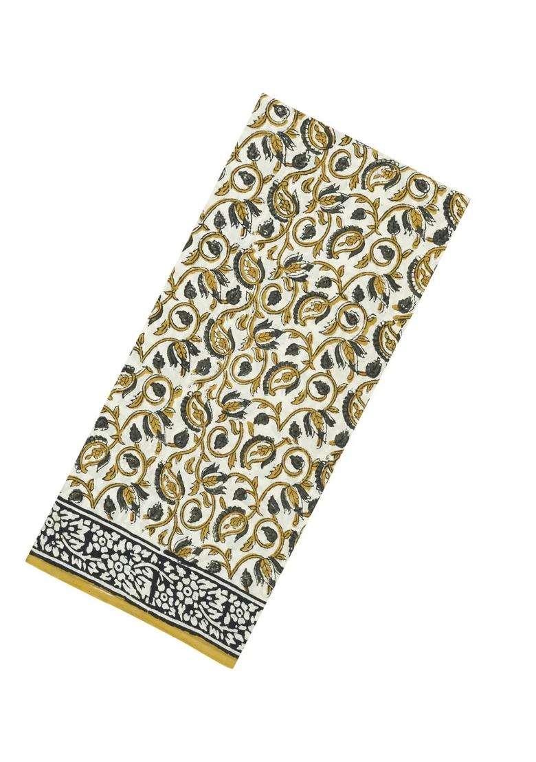 Off White Printed Jaipur Cotton Saree With Printed Floral Motifs For Women - Indya