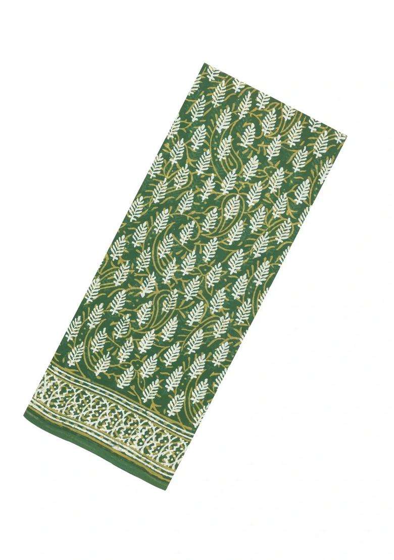 Green Printed Jaipur Cotton Saree With Floral Motifs For Women - Indya