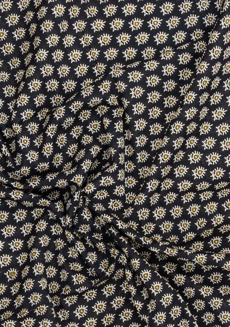 Black Printed Jaipur Cotton Saree With Floral Motifs Contrast Border For Women - Indya