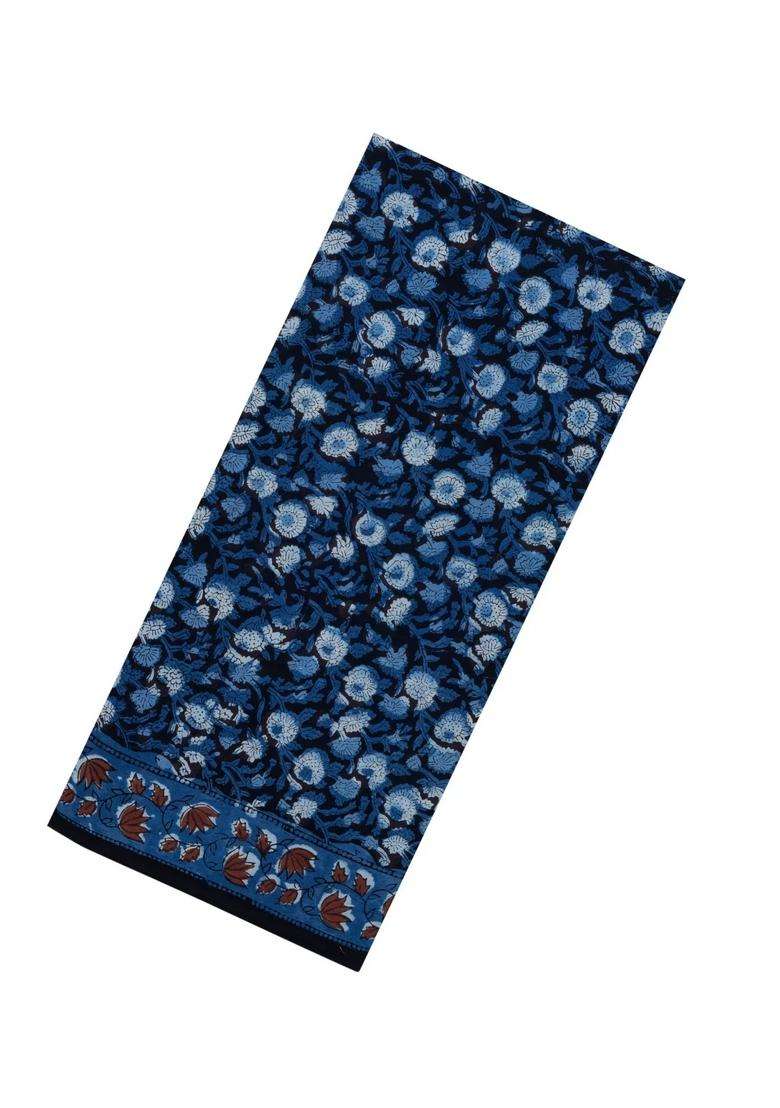Blue Printed Jaipur Cotton Saree With Floral Motifs For Women - Indya