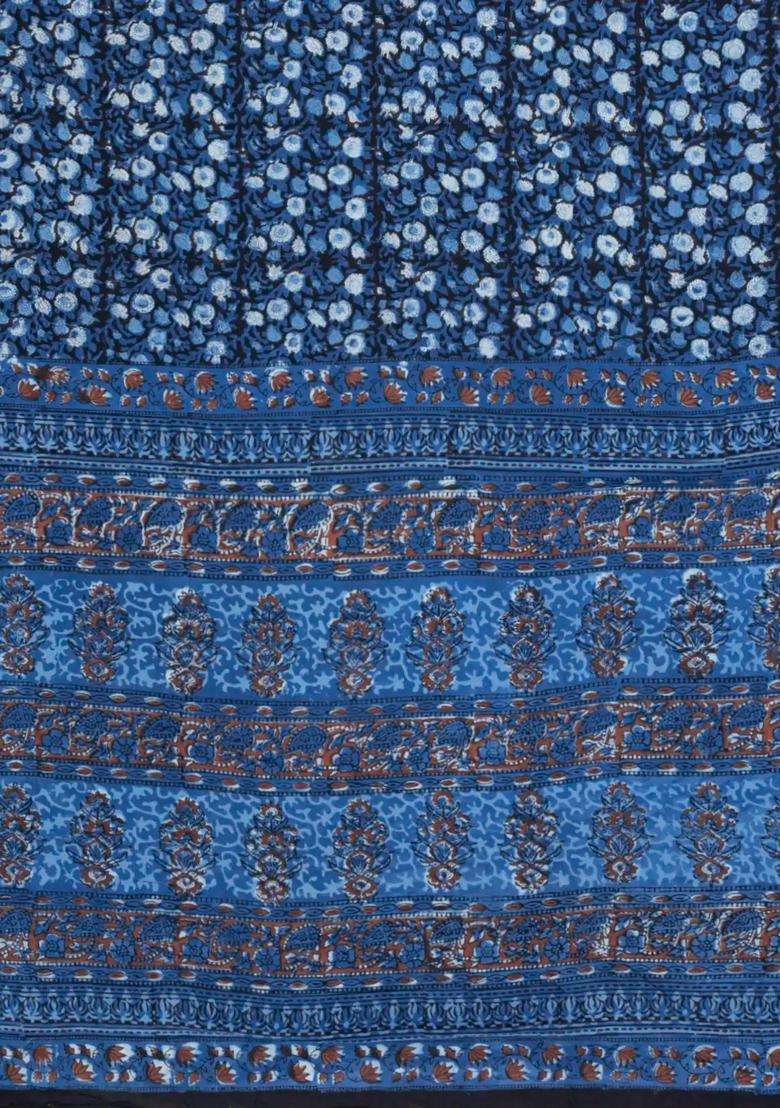 Blue Printed Jaipur Cotton Saree With Floral Motifs For Women - Indya