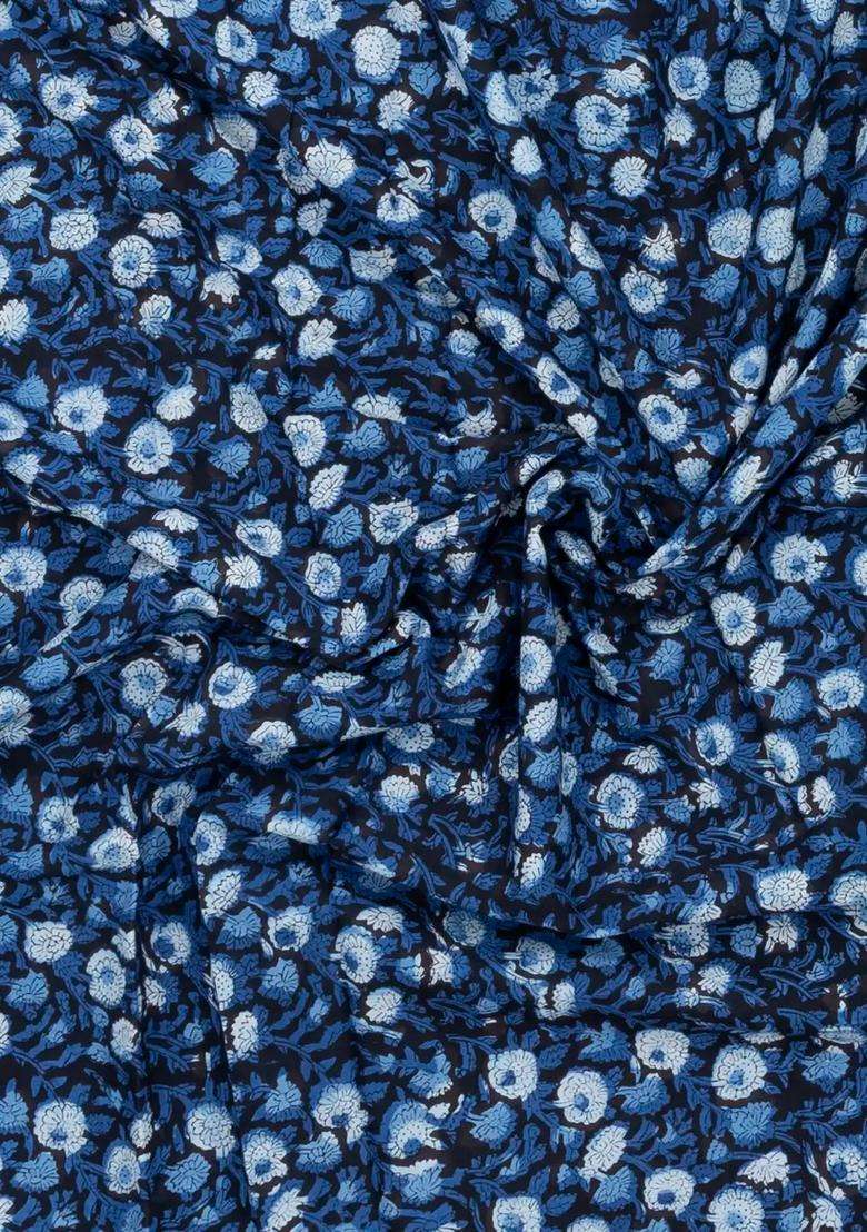 Blue Printed Jaipur Cotton Saree With Floral Motifs For Women - Indya