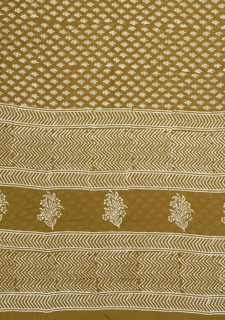 Olive Green Printed Jaipur Cotton Saree With Floral Motifs For Women - Indya