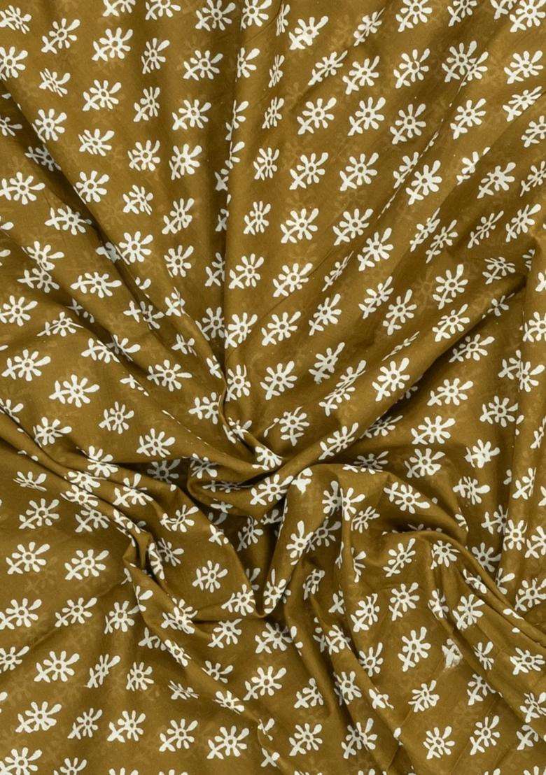 Olive Green Printed Jaipur Cotton Saree With Floral Motifs For Women - Indya