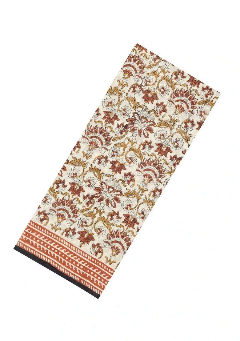 Cream Printed Jaipur Cotton Saree With Floral Motifs For Women - Indya