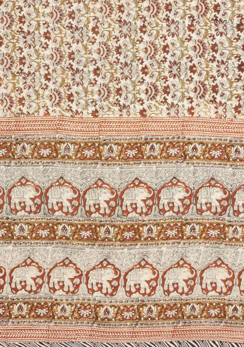 Cream Printed Jaipur Cotton Saree With Floral Motifs For Women - Indya