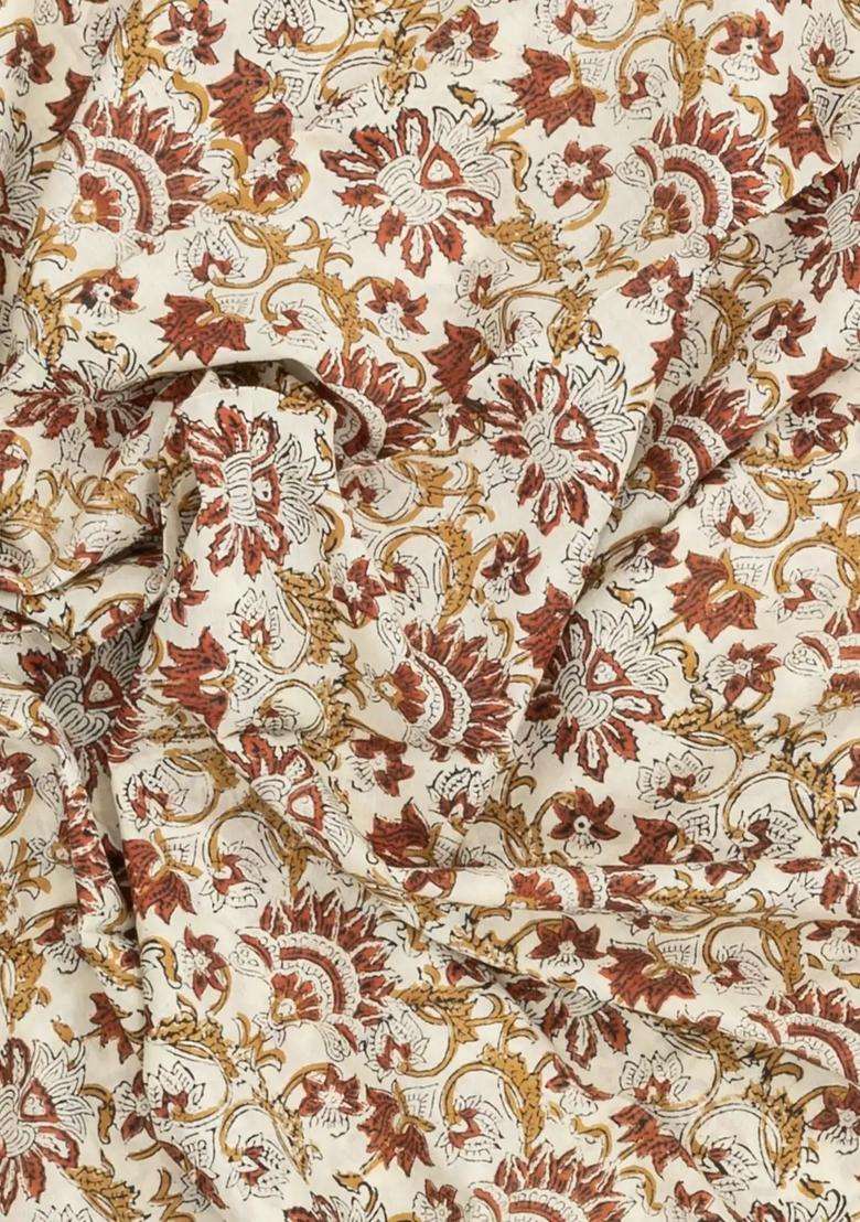 Cream Printed Jaipur Cotton Saree With Floral Motifs For Women - Indya