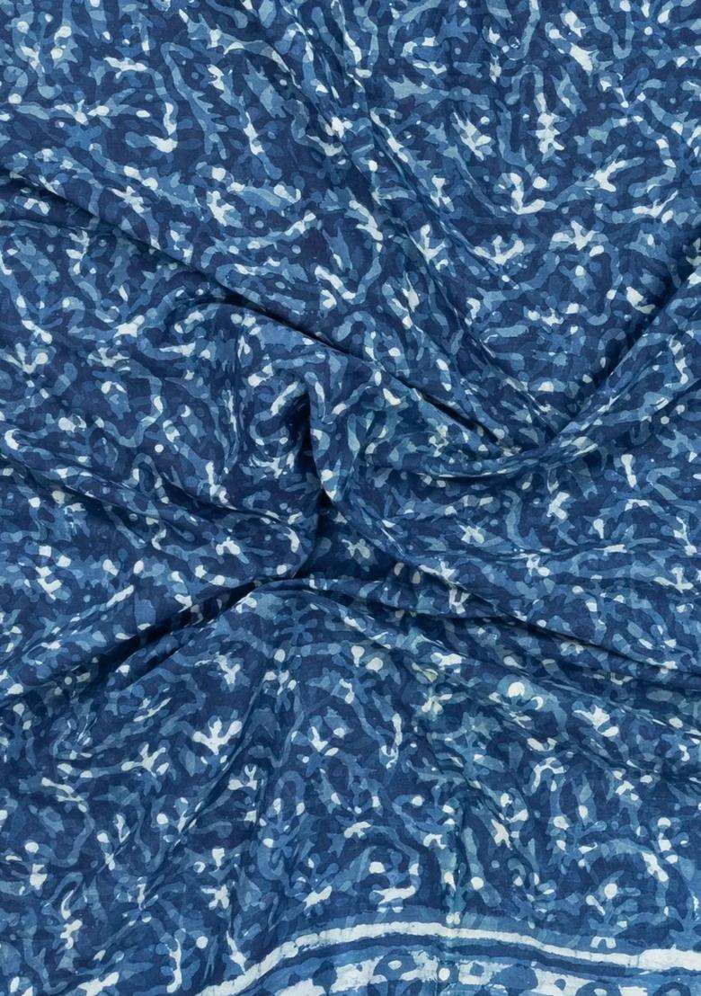Indigo Printed Jaipur Cotton Saree With Floral Motifs For Women - Indya
