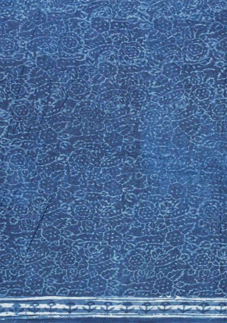 Indigo Printed Jaipur Cotton Saree With Floral Motifs For Women - Indya