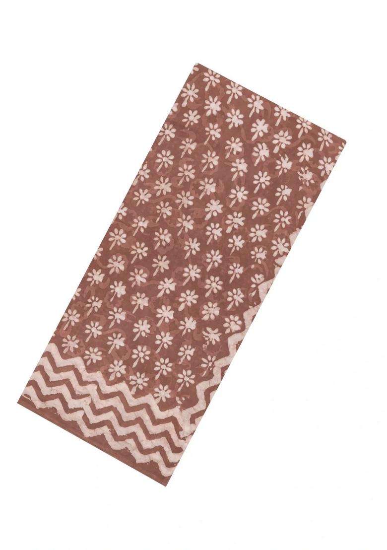 Brown Printed Jaipur Cotton Saree With Floral Motifs For Women - Indya