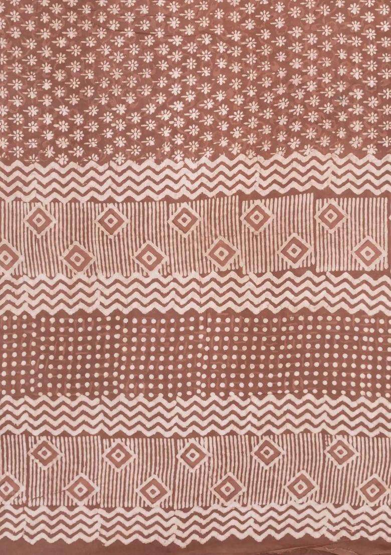 Brown Printed Jaipur Cotton Saree With Floral Motifs For Women - Indya