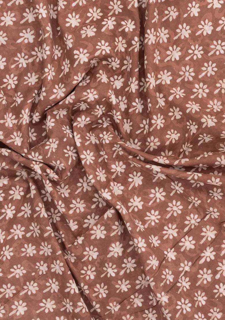Brown Printed Jaipur Cotton Saree With Floral Motifs For Women - Indya