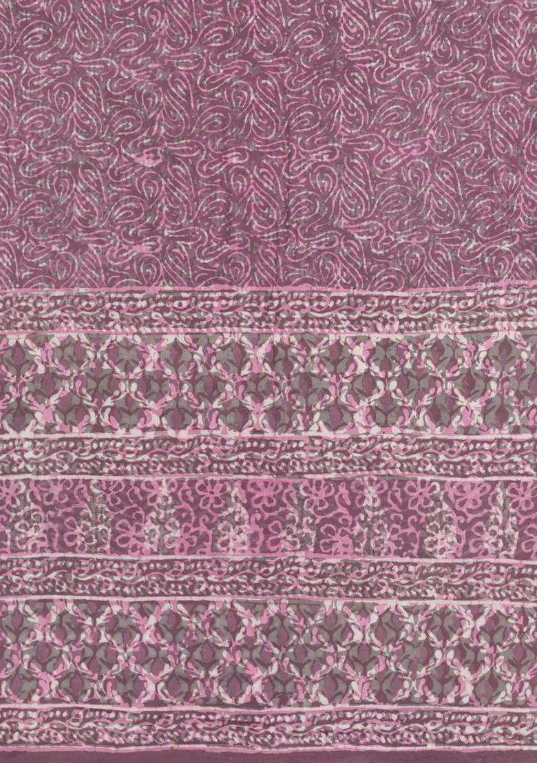 Lilac Printed Jaipur Cotton Saree With Floral Motifs For Women - Indya