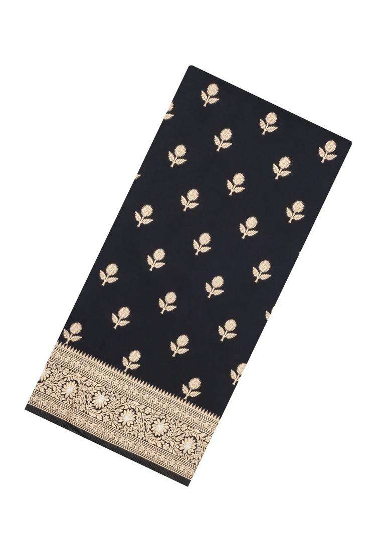 Black Woven Blended Satin Art Silk Saree With Floral Zari Buttas With Buttas And Brocade Design For Women - Indya