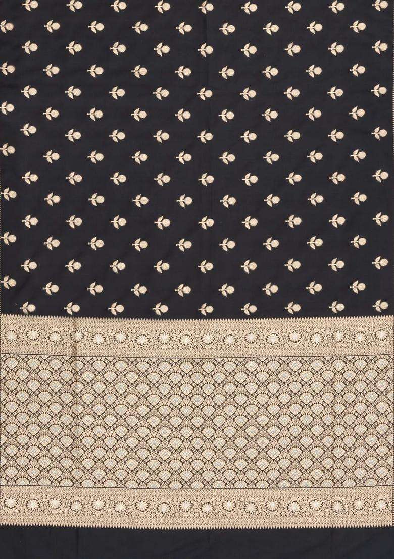 Black Woven Blended Satin Art Silk Saree With Floral Zari Buttas With Buttas And Brocade Design For Women - Indya