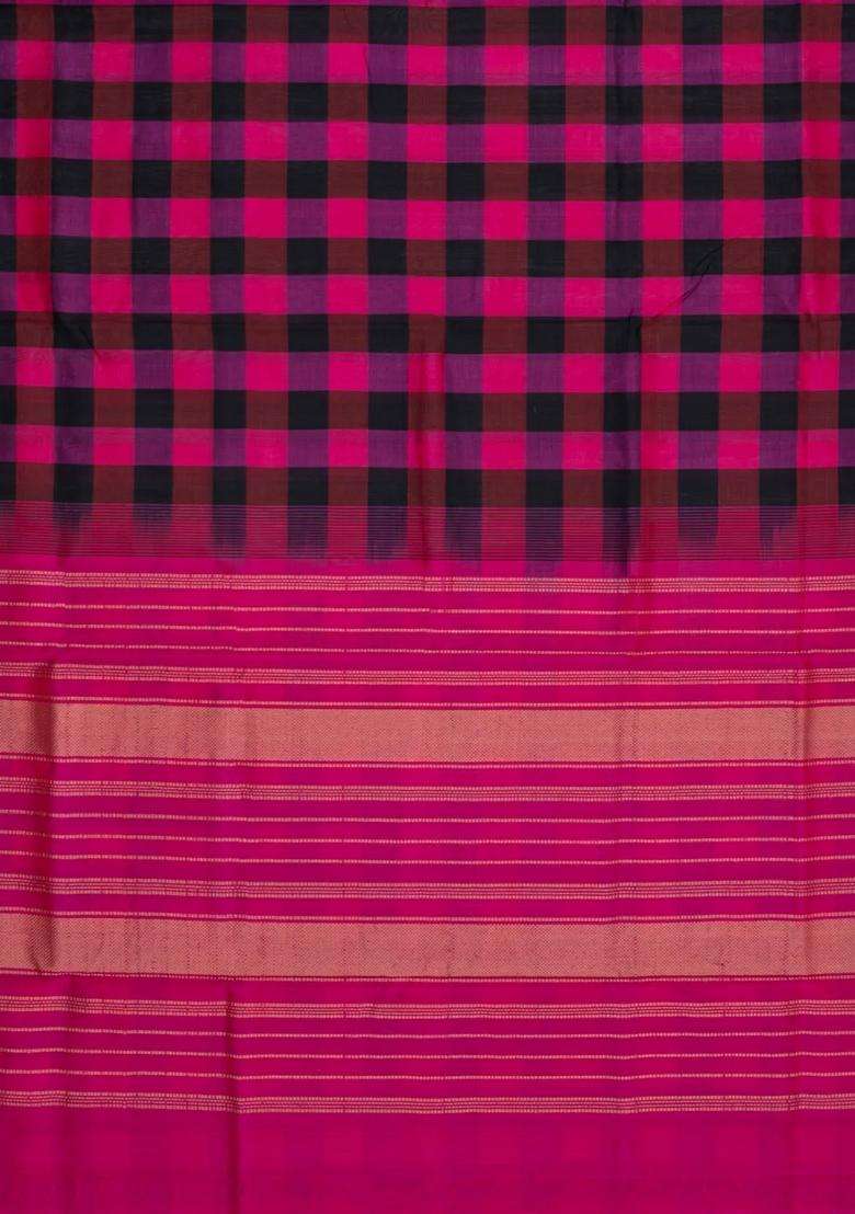 Black Pink Handloom Silk Cotton Saree With Checks Zari Border With Checks And Stripes Design For Women - Indya